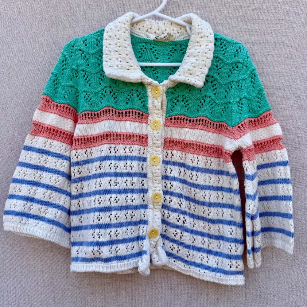 Finding Foxtale Kids Girls Pointelle Knit Cardigan Sweater Striped Green Size 5